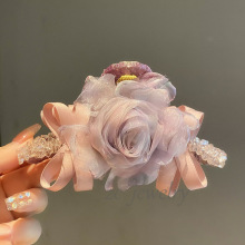 时尚轻奢超仙雪纺花朵蝴蝶结水晶发夹小众气质氛围感鲨鱼夹发卡