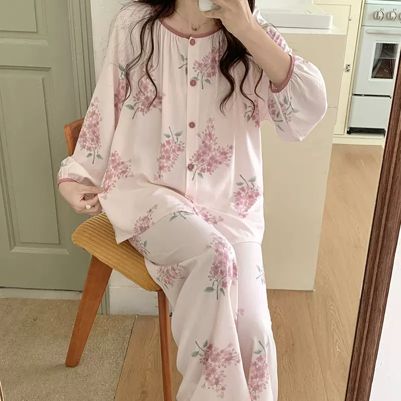 棉绸睡衣女士长袖长裤开衫套装国风印花舒适春夏季新款家居服薄款