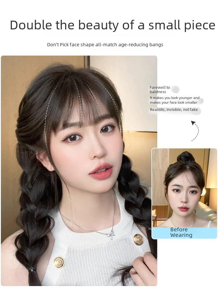 Real hair air bangs wig female Net Red natural fake bangs invisible seamless forehead wig ultra-thin head curtain summer