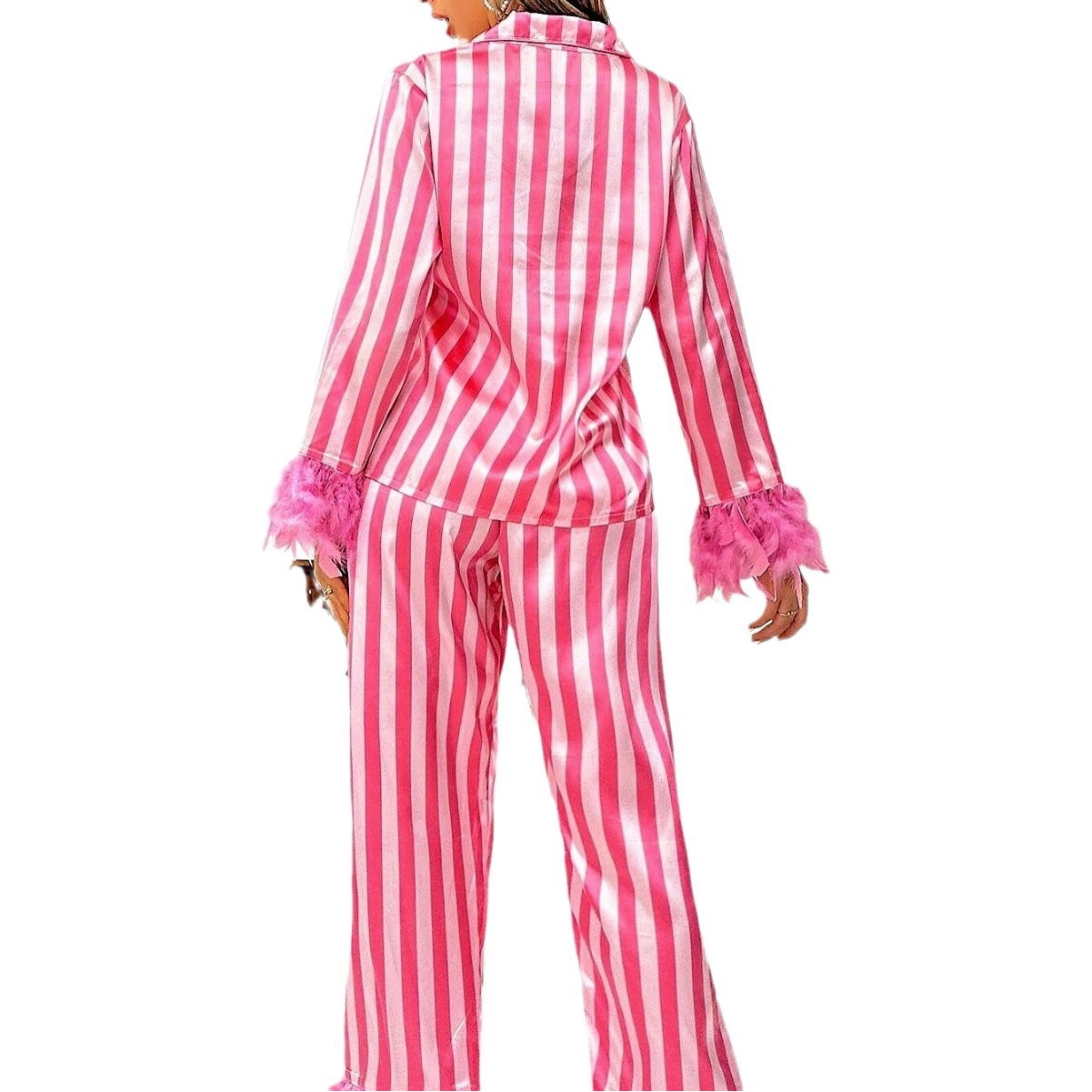 Осень 2023 Европейская и американская пижама из ледяного шелка Модная рубашка из страусиных перьев, брюки, Свободная Домашняя одежда из двух частей с перьями для женщин