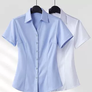 夏季新款V领韩版白衬衫女短袖工作服正装修身职业OL衬衣显瘦工装