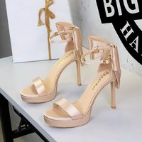 7265-H153 French style super high heels with exposed toes and waterproof platform, with a single strap and a large bow at the back, wearing silk sandals for women