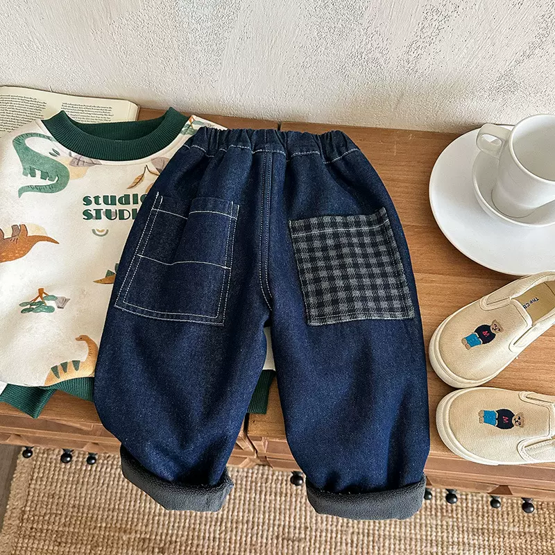 男童原色加绒牛仔裤湖州织里童装2025冬季新款男宝宝冬天保暖长裤