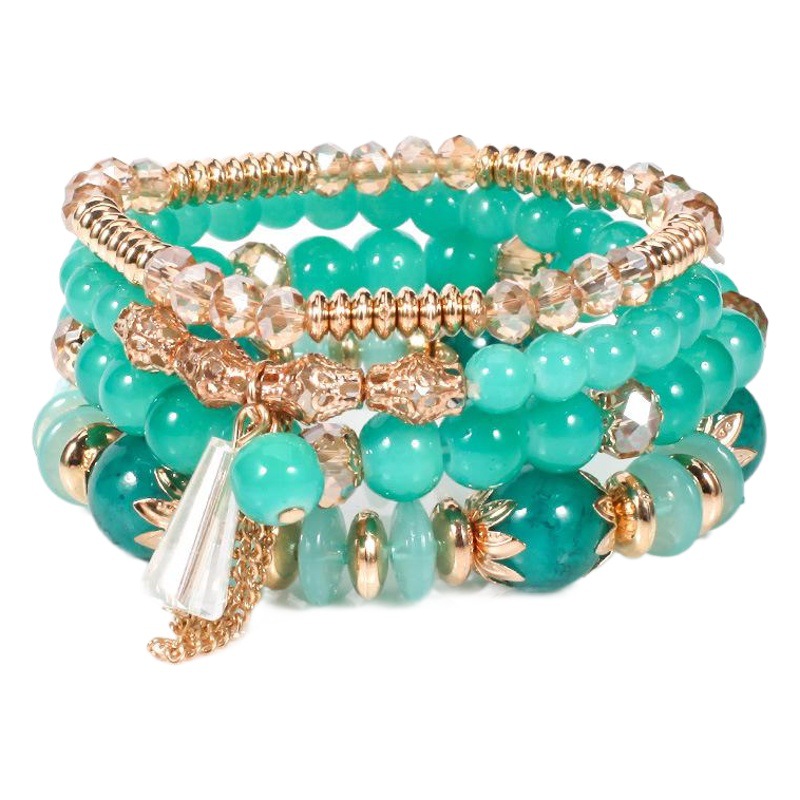 Pulsera Bohemia al por mayor imitación ágata cadena borla de vidrio de color electrochapado cristal pulsera de cuatro paquetes