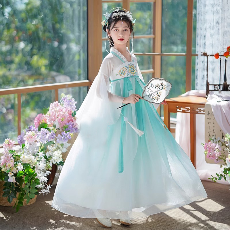 Original Children's Hanfu Costume with Tang-style Qi-pong Skirts, Spring Chinese Style Ancient and Ethereal Performance Dress for Girls