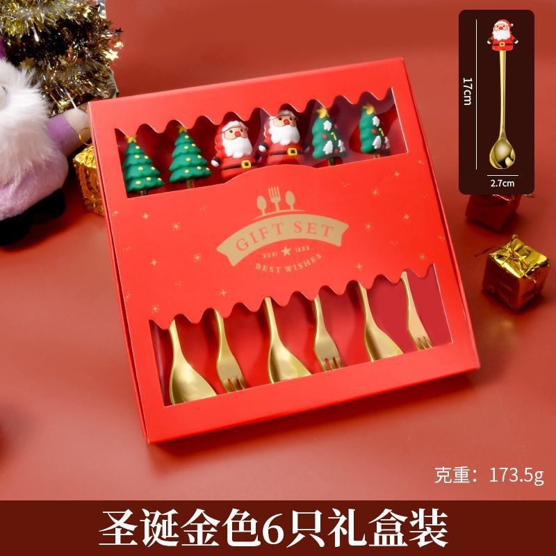Navidad niñas tenedor de postre conjunto de dibujos animados cuchara de comida árbol caja de regalo de acero inoxidable cuchara de regalo creativa para ancianos