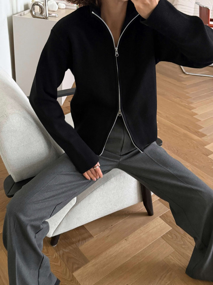 Áo khoác cardigan len dệt kim cổ đứng khóa kéo hai chiều dài tay — Màu nâu cà phê, Màu trắng, màu đen, màu đỏ chi tiết 27