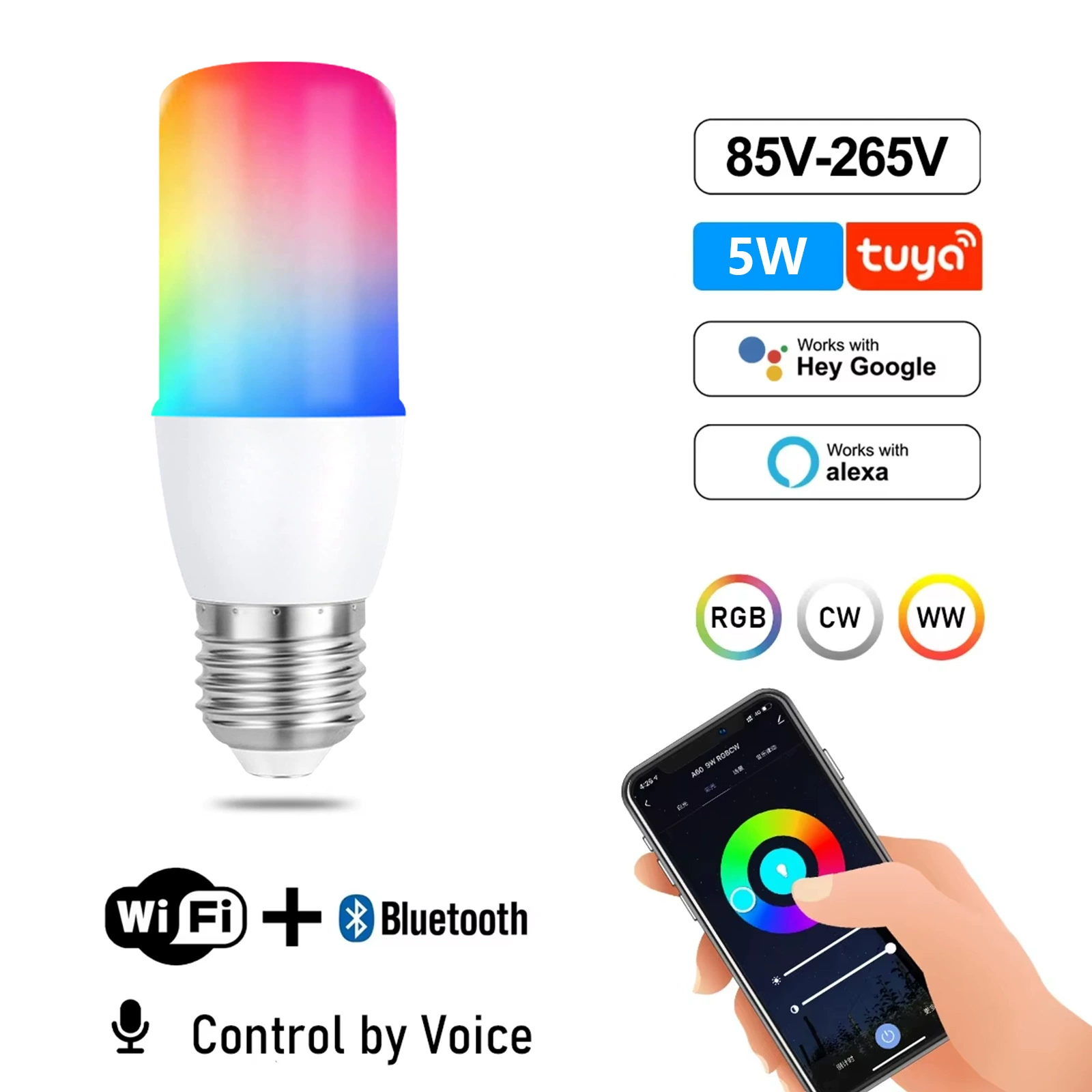Смарт-лампа Tuya Spotlight E27 головка лампы 85-265В RGBCW T37 WiFi голосовое управление