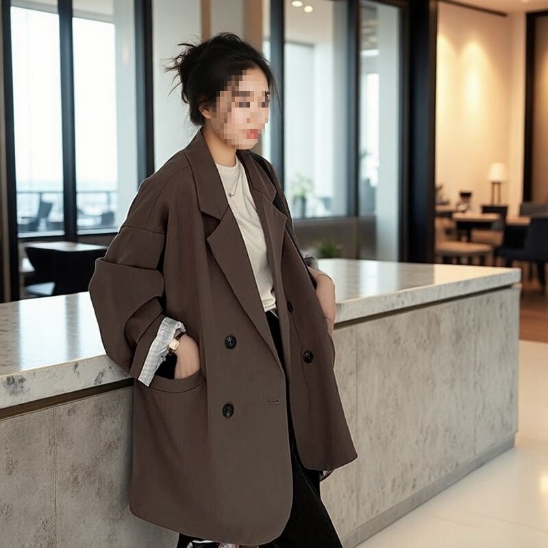 Elegant brown blazer for women, 2026 spring and autumn new casual trendy street style loose-fitting jacket for petite women Elegant brown blazer for women, 2026 spring and autumn new casual trendy street style loose-fitting jacket for petite women