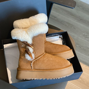 Genuine Leather Thick-Soled Snow Boots for Women, Winter Trendy Plush Thickened Height-Increasing Lightweight Horn Buckle Fur Integrated Cotton Shoes