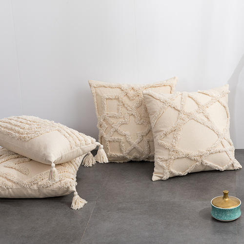 Cross-border hot selling bohemian Moroccan cotton tufted embroidered throw pillow cover ins sofa cushion tassel cushion cover