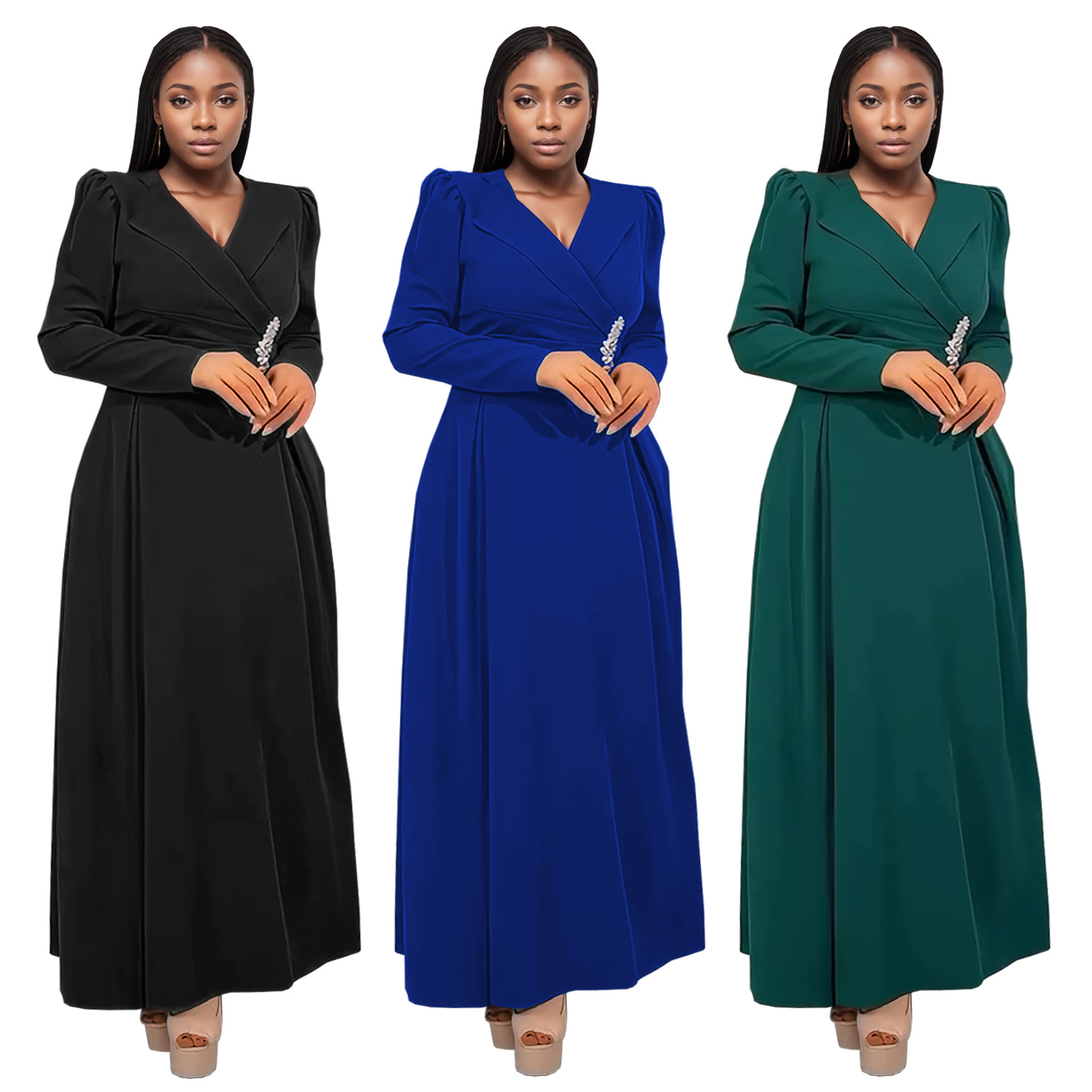 C7411 Cross-border AliExpress Amazon Moda europea y americana Vestido de manga larga con solapa cruzada
