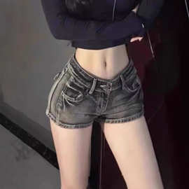 2026春季新款美式复古辣妹包臀裤烟灰色低腰a字显瘦牛仔短裤女