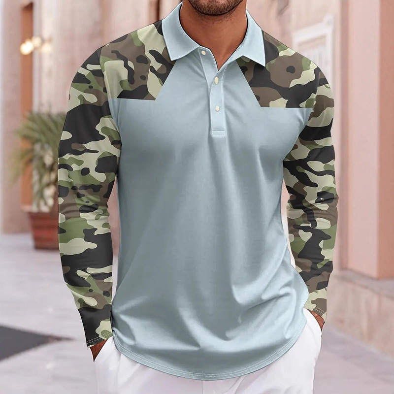 Cross-Border New European and American Men's Polo Shirt 3D Digital Printing Lapel Button Long-Sleeved Casual Camouflage Polo Shirt for Men