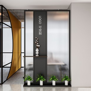 Simple Glass Screen with Vertical Strips to Cover the Office Logo, Company Decoration, Hollow High Partition, Entrance Image Wall