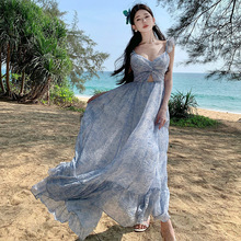 新款春夏季设计师原创手绘花色 茶歇法式蓝色长裙女