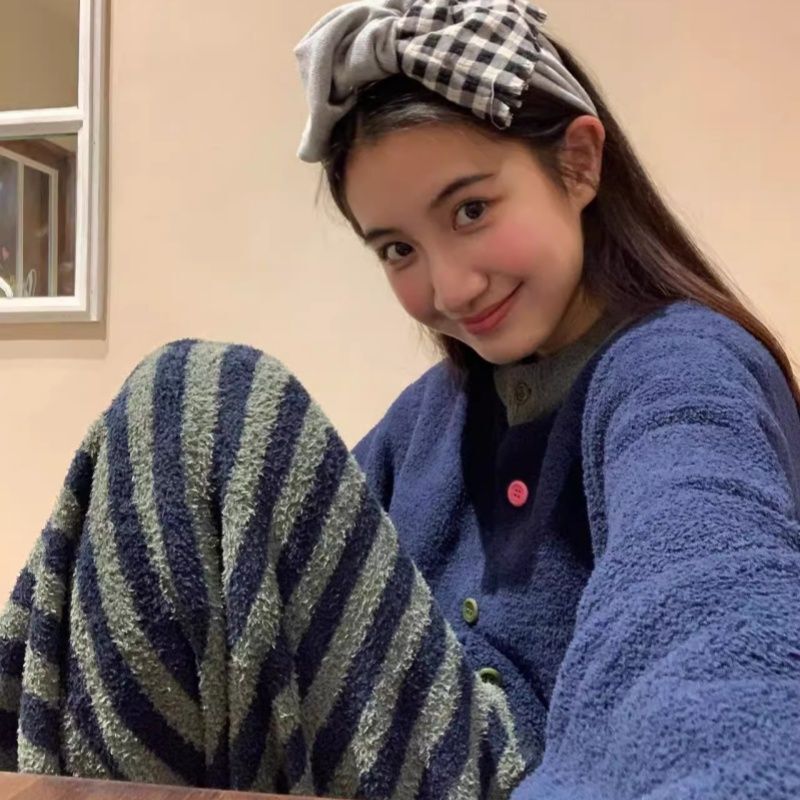 新款韩版简约条纹睡衣女秋冬季加厚保暖可外穿家居服长袖套装|undefined