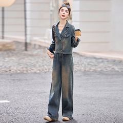 欧货复古气质翻领牛仔套装女2025春秋新款宽松百搭阔腿裤两件套