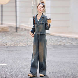 欧货复古气质翻领牛仔套装女2025春秋新款宽松百搭阔腿裤两件套