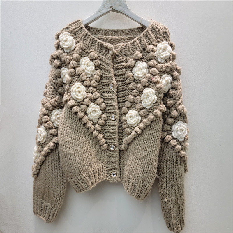 Aguja de barra pesada línea gruesa hecha a mano marca flor estereoscópica flor bola de punto cardigans abrigo suéter grueso image 1