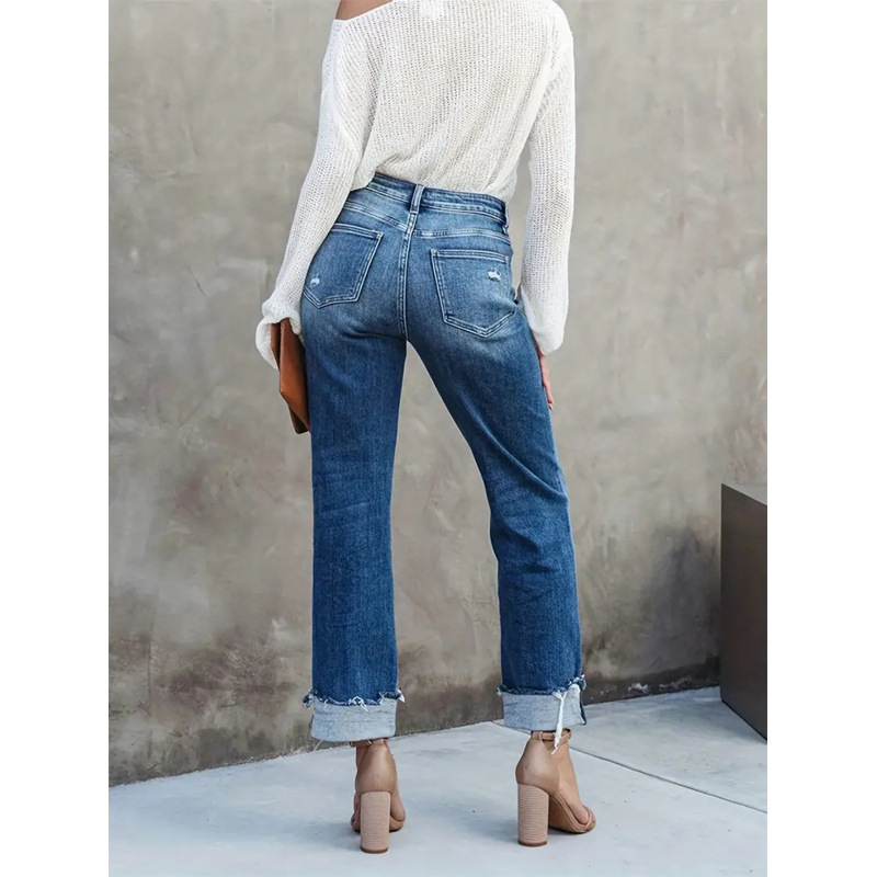 Jeans Rectos para Mujer de Mezclilla de Algodón de Tiro Alto