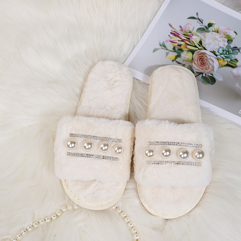 Pearl One Word Plush Rhinestones Slippers NSKJX104846