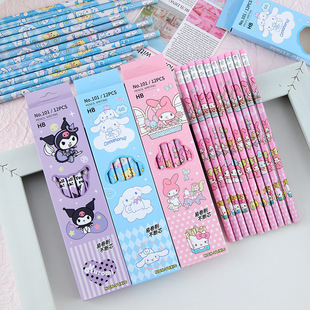 Sanrio 12-Piece Leather Pencil Anime Peripheral Internet Celebrity Cartoon Cute Kuromi Big-Eared Dog Writing Pen Student