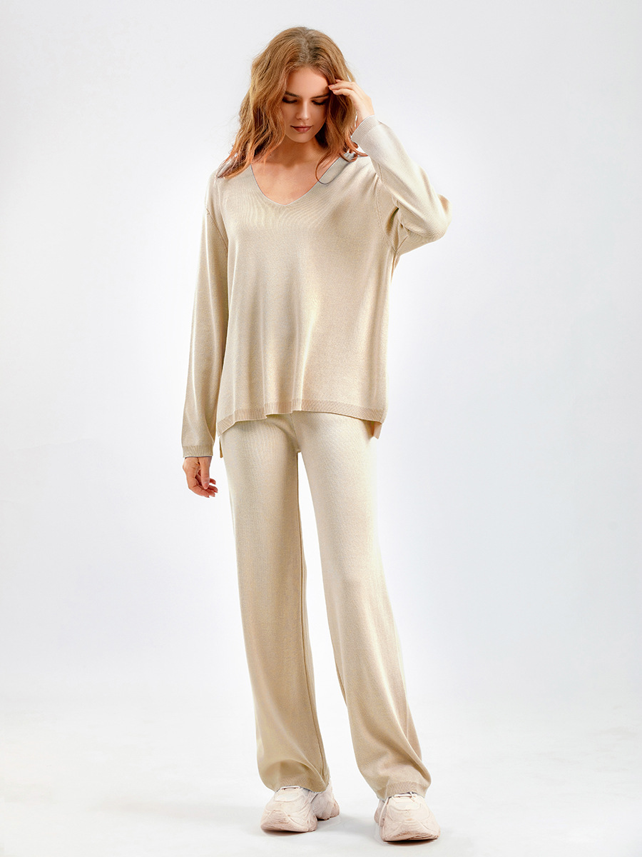 Solid Color V neck Ice Silk Suit Spring Autumn Loose High Waist Casual Two Piece Sweater