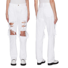 夏季新款FD 棉破洞个性时尚直筒九分裤干净清爽白色基础款牛仔裤