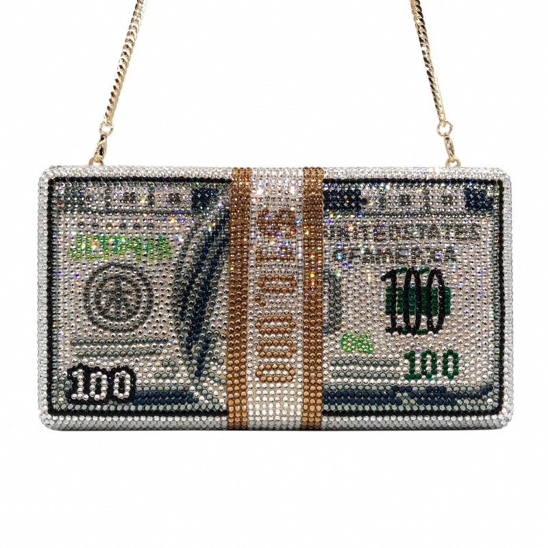 Bolsa de cena de diamantes hecha a mano, un paquete de dólares con un fondo plano lleno de diamantes, vestido de banquete europeo y americano, bolsas cuadradas de mano, dólares