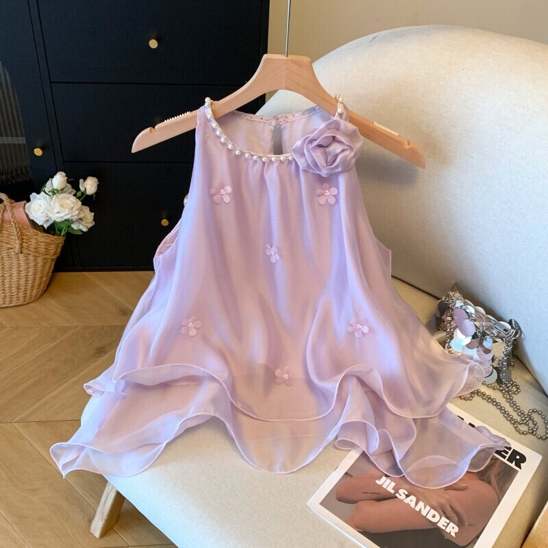 High-End Luxury Style with Fragmented Pearls " White Three-Dimensional Floral Top for Women, Sweet and Delicate Halter-Neck Blouse. High-End Luxury Style with Fragmented Pearls " White Three-Dimensional Floral Top for Women, Sweet and Delicate Halter-Neck Blouse.