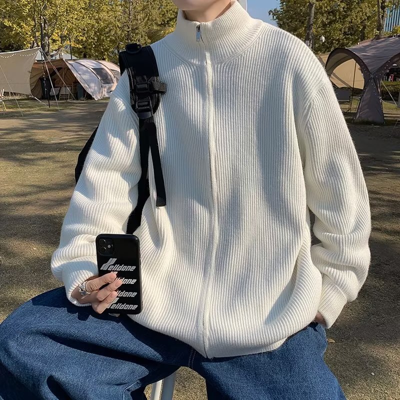 Chaqueta con cremallera estilo perezoso cárdigan suéter hombre otoño e invierno grueso perezoso de alta gama cuello alto suéter marca de moda japonesa