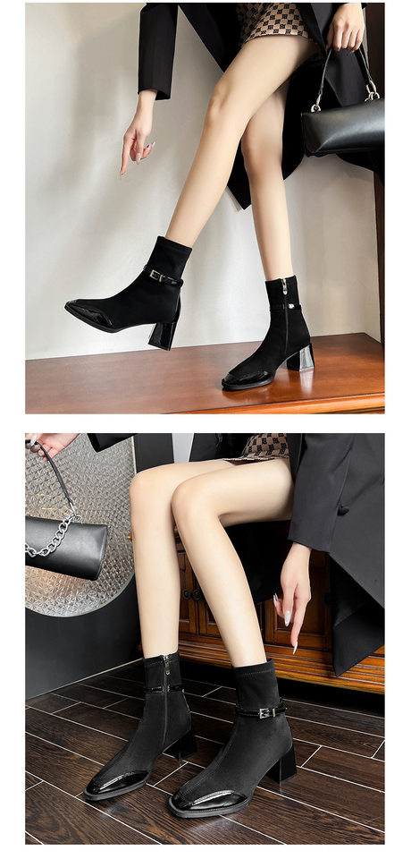 Bốt ngắn nữ mũi vuông gót dày 6–8 cm phối khóa kéo bên — Lớp lót nhung nâu, Màu nâu, Màu đen, Màu đỏ Angora chi tiết 14