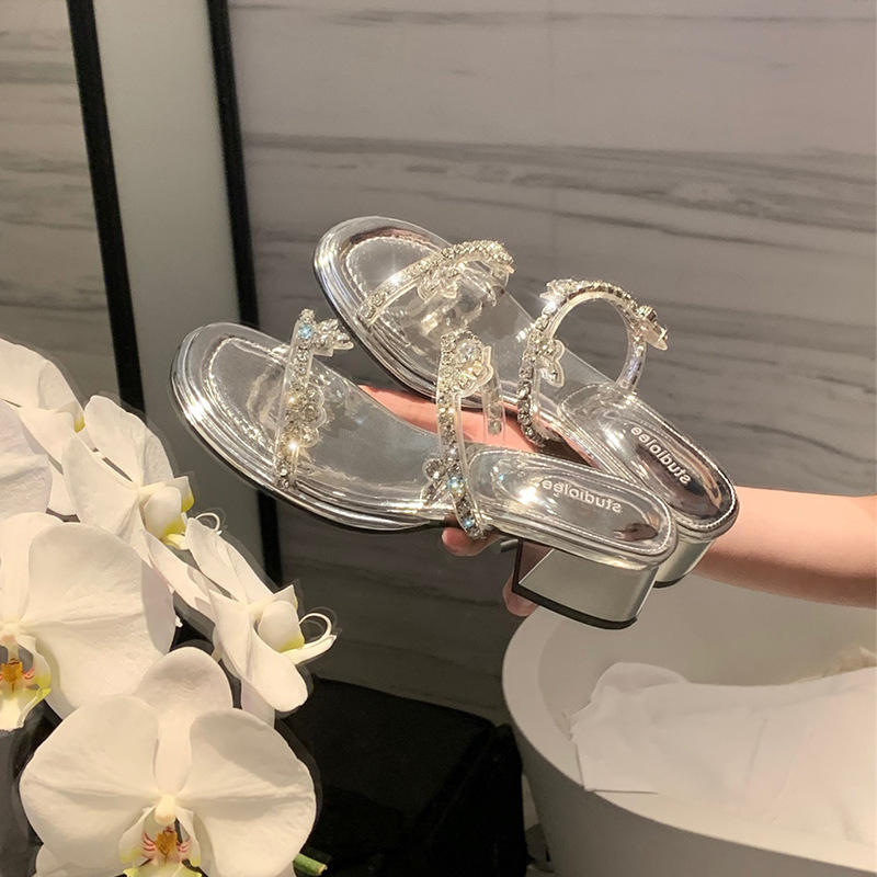 Ready in Stock ~ Grape Mom's Same Style Sparkling Diamond Exquisite Fairy Style with Rhinestones Open Toe Increased Thick Heel Sandals for Women