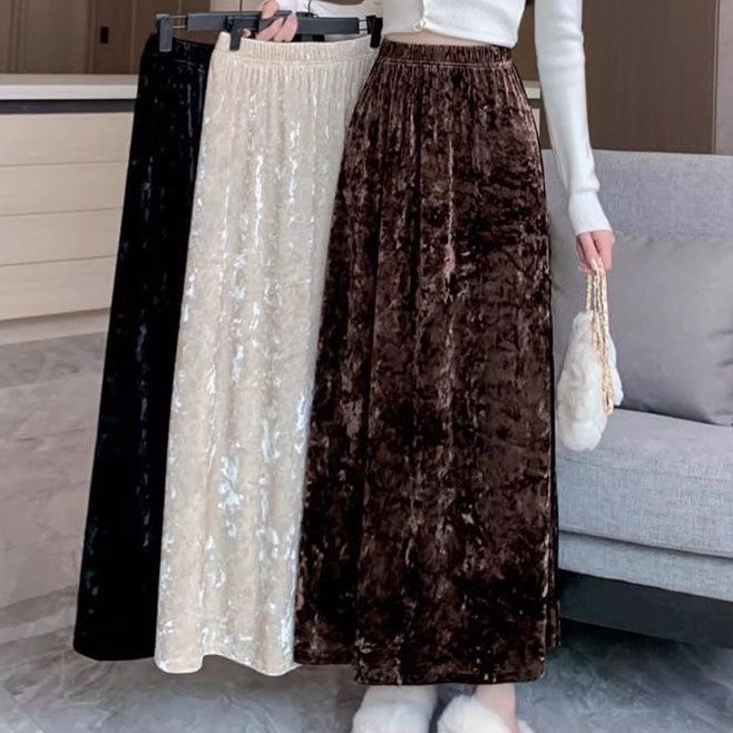 复古金丝绒半身裙秋季2025新款秋冬高腰长裙显瘦裙子褶皱呢子