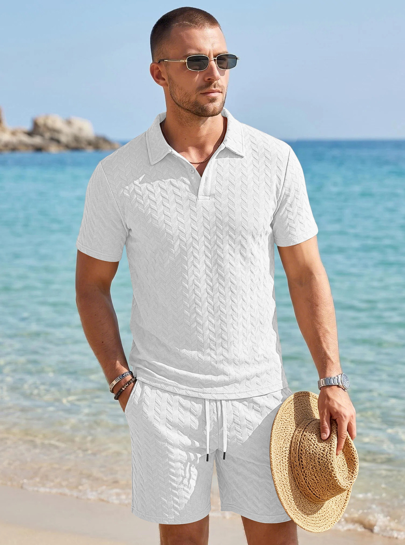 Cross-border TK Jacquard hombre polo camisa de verano con solapa grande transpirable y casual deportivo de manga corta set de pantalones cortos
