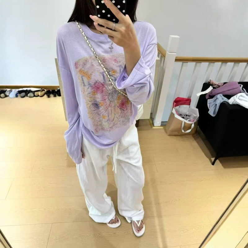 2026 Summer New Style Mardi Daisy Print Long-Sleeved T-Shirt for Women, Loose, Slimming, Relaxed, Thin Top