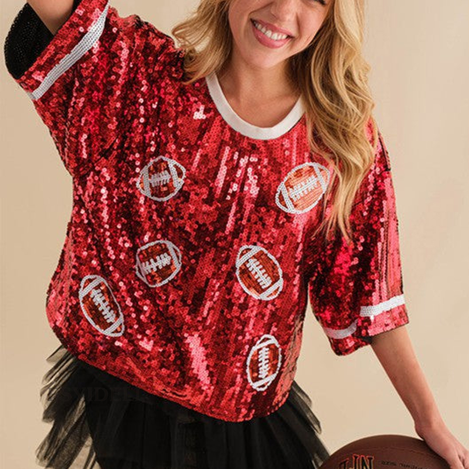 Polyester Fabric Type Wholesale Women's Simple Style Christmas Tree Rugby Half Sleeve Sequins T-Shirts