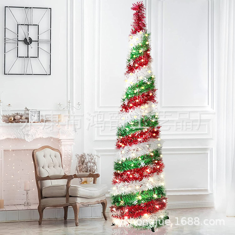 Ventas transfronterizas calientes de 1,5 m PET torre de hojas de palma artificial plegable árbol de Navidad telescópico colorido árbol espiral