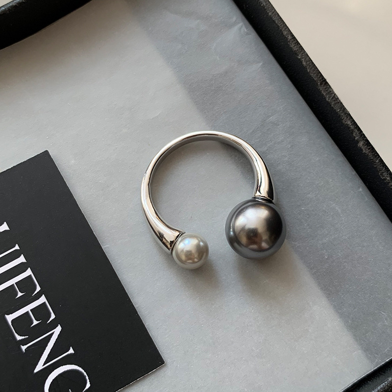 French-Style Genuine Hemp Gray Tahitian Black Pearl Open Ring for Women, Light Luxury Niche Design with a High-End Feel, Index Finger Ring