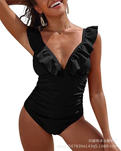2024 Amazon nuevo traje de baño de una pieza plisado para mujer traje de baño plisado con cuello en V image 7