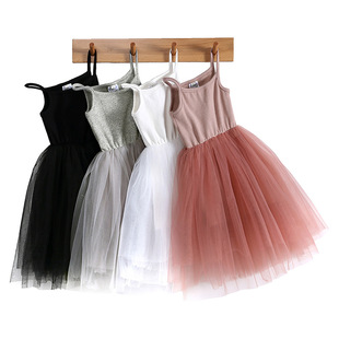 Ins New Girls Suspender Dress for Small and Medium-Sized Children Ribbed Splicing Mesh Skirt Princess Skirt Tutu Skirt Dropshipping