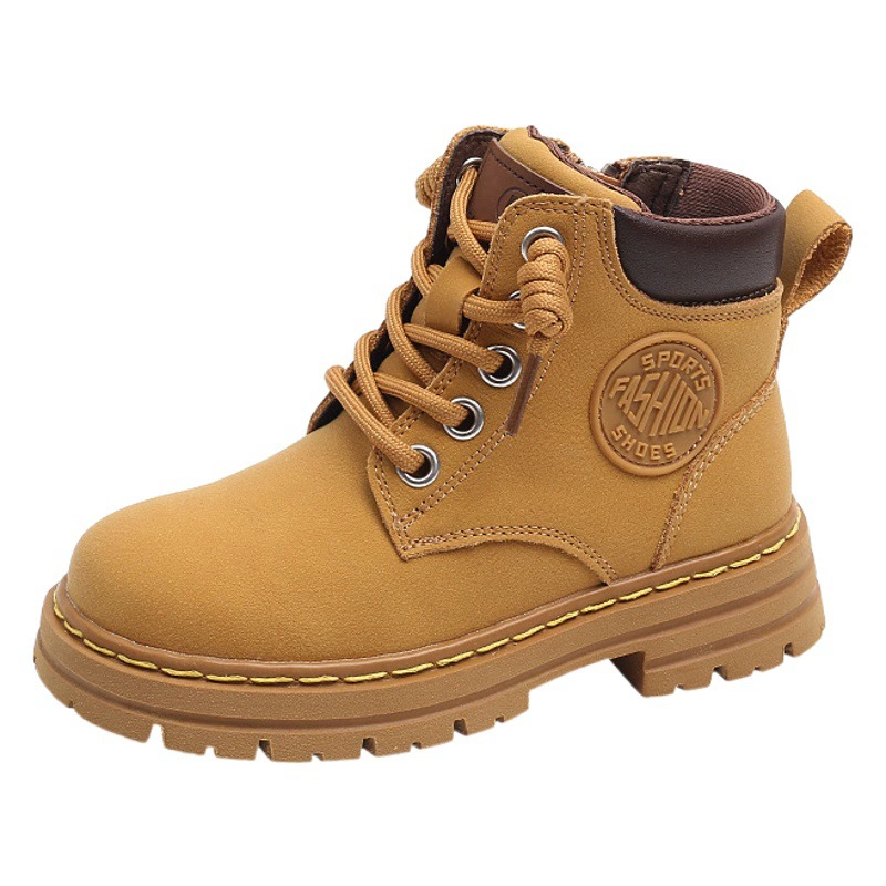 Детская обувь, осенние и зимние детские сапоги, желтые сапоги из натуральной кожи, пустынные сапоги, модные и красивые одинарные сапоги для мальчиков и девочек, две хлопчатобумажные сапоги.