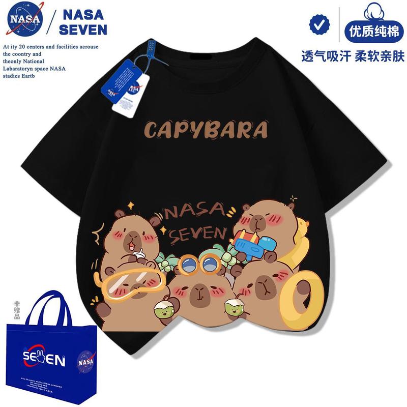 NASA卡皮巴拉纯棉T恤儿童洋气2025夏季新款水豚君短袖男女童上衣|undefined