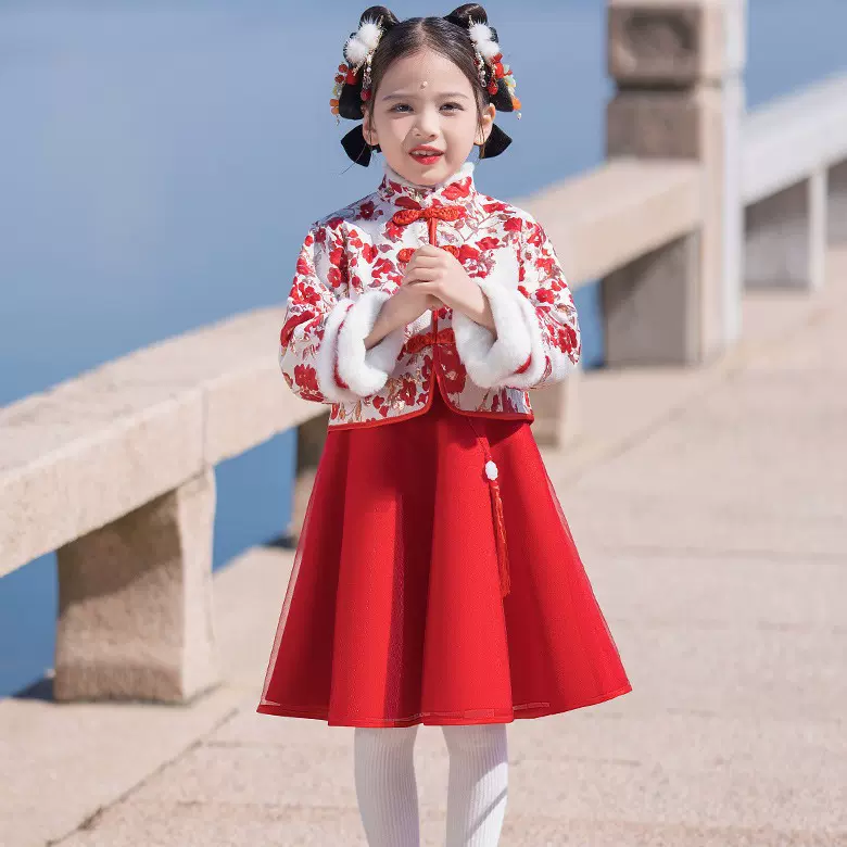 汉服女童冬装新年衣服儿童中国风加绒唐装过年宝宝拜年服周岁礼服