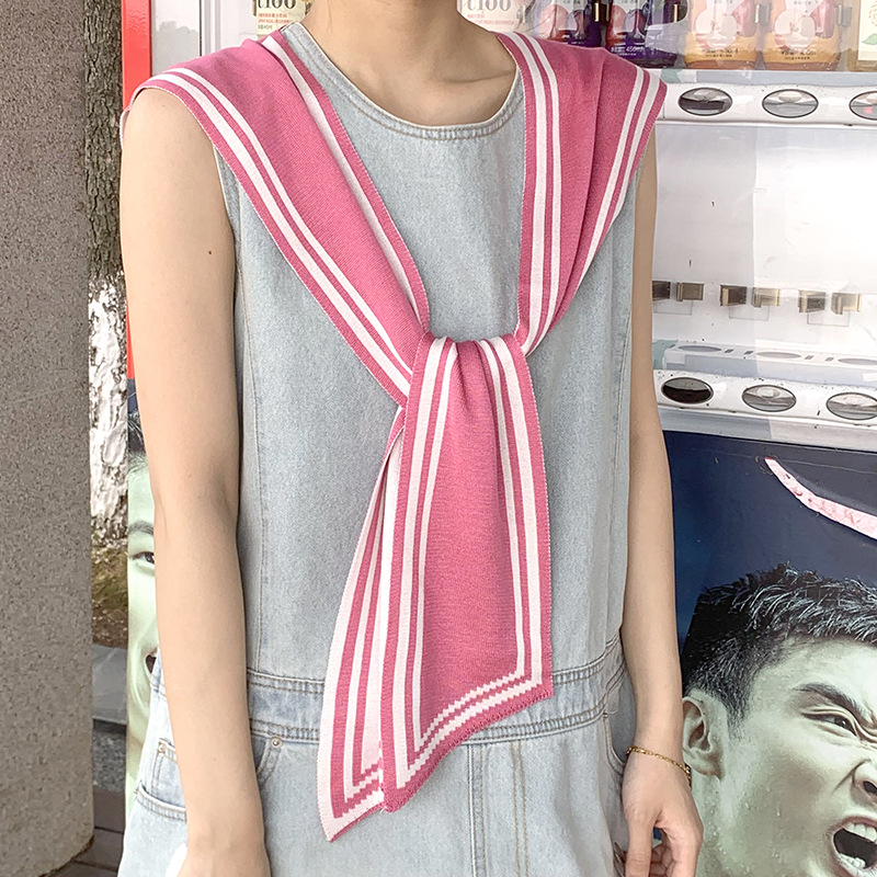 Versión coreana del chal rojo de la red de estilo marino, habitación con aire acondicionado, hombro, camisa exterior a rayas blancas y negras para mujer, cuello falso de punto de primavera y otoño