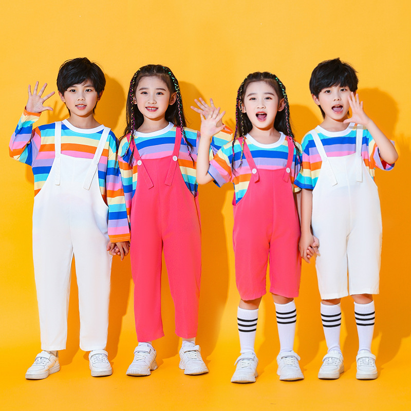 Girls boys school stage performance  Cheerleading school uniforms Children's Colorful Stripe cheerleaders outfits  Birthday Party Performance Clothing 