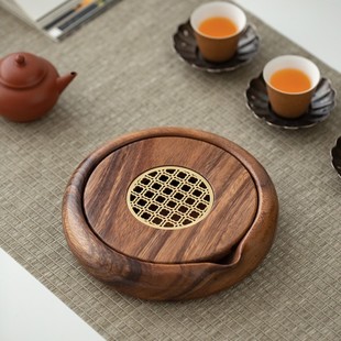 Walnut solid wood pot wet tea table round water storage tea tray purple sand pot tea mat teapot kung fu tray