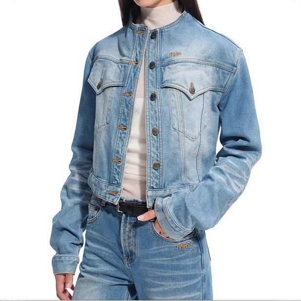 Women's Clothing Stand Collar Short Autumn Heavyweight Denim Jacket With Retro Stand Collar | Oversized Short Cropped Jacket For Men & Women_voghion.com