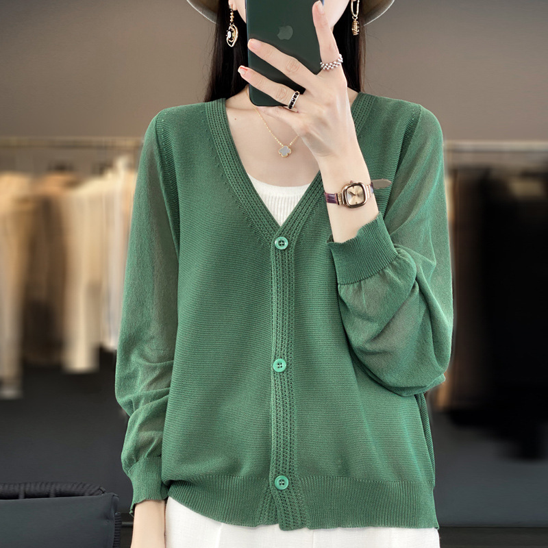 Cross-Border Lazy Style Knitted Cardigan for Women, Thin Summer Large Size Outer Top, Shawl Jacket, Ice Silk V Neck Sun Protection
